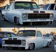 two pictures of the front and side of a white truck in parking lot with other cars