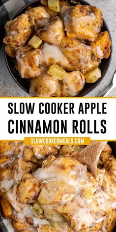 Close up of apple cinnamon rolls in a slow cooker Easy Slow Cooker Breakfast, Apple Crockpot Recipes, Pillsbury Cinnamon Roll Recipes, Crockpot Cinnamon Rolls, Slow Cooker Cinnamon Rolls, Slow Cooker Apple, Crockpot Dessert Recipes, Apple Cinnamon Rolls, Slow Cooker Breakfast