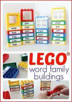 lego word family building activity for kids to practice spelling and matching words with their own hands