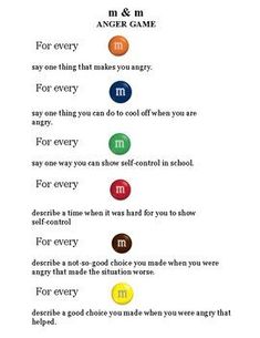 The M&M anger game card. The instructions are available as a free download M And M Feelings Game, Anger Dice Game, Therapy Games For Teenagers, Wellbeing Wednesday, Social Emotional Learning Games, Anger Management Games, Therapist Resources, Therapeutic Games, Adolescent Therapy