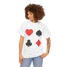 This trendy Tee features playing card suits design, giving off a fun and stylish vibe. Perfect for anyone looking to make a statement with their outfit, this Tee can be worn casually or dressed up for a semi-formal occasion. It's great for fans of card games or those looking for a unique addition to their wardrobe. Ideal for holidays like Valentine's Day or themed parties. Product features - Shoulder tape for stability - Knitted in one piece without side seams - Ribbed knit collar for elasticity Shirt Card, Card Suits, Poker Game, Suits Design, Gaming Shirt, Casino Theme, Trendy Tee, Playing Card, Formal Outfit