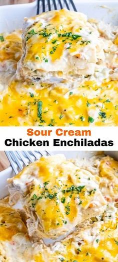 chicken enchiladas in a white casserole dish with text overlay