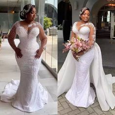 two women in wedding dresses, one wearing a long sleeved gown and the other holding a bouquet