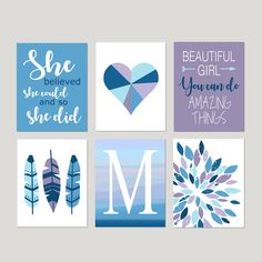 four blue and purple wall art prints with the letter m in different colors, each featuring an