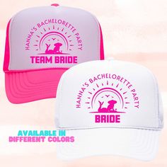 two white and pink hats with the words team bachelor party on them, one is for bride