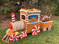 Life sized Gingerbread train to go with our gingerbread house Gingerbread Train, Candy Land Christmas Door, Candy Land Christmas Tree