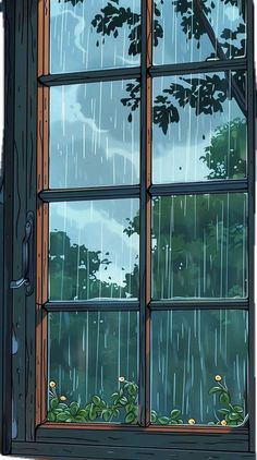 an open window with rain falling down on the outside and trees in the back ground