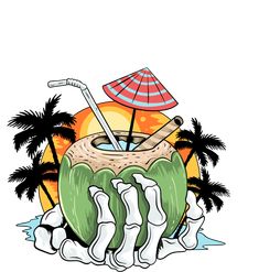 a drawing of an island with palm trees, umbrellas and a drink in it