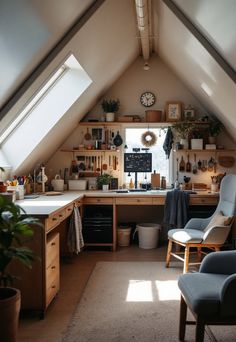 Small attic room ideas Slanted Ceiling Art Studio, Slanted Attic Ideas, Attic Studio Ideas, Art Studio In Attic, Attic School Room, Attic Nook Ideas Small Spaces, Office Attic Ideas, Attic Makeover Ideas, Small Attic Room Ideas Slanted Walls