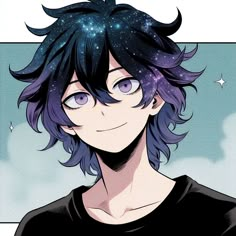 an anime character with blue hair and stars in the sky above his head, wearing a black shirt