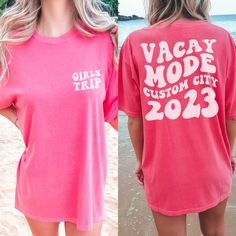 Looking for the perfect personalized shirts for your upcoming girls' trip? Look no further than our custom girls trip matching shirts! These oversized, retro-inspired vacation tees are the ultimate trip outfits for you and your besties. With funny friend group designs and the option to personalize each shirt, you're sure to turn heads and make memories. Whether you're exploring a new city or lounging on the beach, these weekend trip tees are the perfect choice for any adventure. Don't settle for boring shirts - order now and get ready to make some amazing memories in style! ♥ Fall in love with our classic unisex tee. Soft and lightweight, this is the perfect staple for your closet. Featuring a casual fit, ribbed collar and sleeves, our tees are made from soft combed cotton that's comfortab Beach Trip Shirt Ideas, Beach Trip Shirts Friends, Vacation Tshirt Ideas Group, Girls Beach Trip Shirts, Pink Tops With Letter Print For Summer Adventures, Casual Pink Tops With Custom Text, Custom Text T-shirt With Relaxed Fit For Summer, Custom Text Relaxed Fit T-shirt For Summer, Summer Relaxed Fit T-shirt With Custom Text