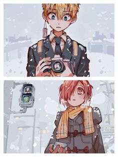 two different pictures of the same person holding a camera in front of snow covered ground