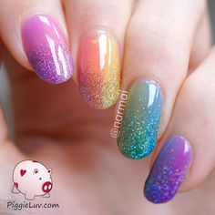 PiggieLuv Double gradient glitter rainbow nail art with OPI sheer tints Unicorn Nails Designs, Nail Design Glitter, Rainbow Nail Art, Crazy Nail Art, Unghie Nail Art, Fall Designs, Colorful Nail, Unicorn Nails, Art Rainbow