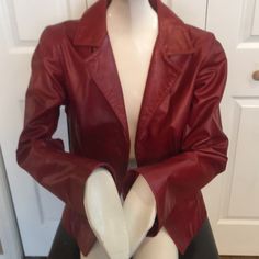 Jewels Red Leather Jacket. Size M. Red Leather With Red Satin Lining. Two Button Closure. Bought From Nordstrom. Great Condition! Chic Red Leather Jacket With Zipper Closure, Classic Red Leather Outerwear, Luxury Fitted Red Leather Jacket, Edgy Red Leather Outerwear, Red Single-breasted Leather Outerwear, Red Satin, Blazer Suit, Red Leather Jacket, Suit Jacket