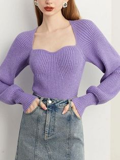 Lasaky - Winter Dopamine Purple Sweater with Square Neck Lantern Sleeve Knit Top Lumpy Space Princess Costume, Purple L, Fall Attire, Bodycon Cocktail Dress, Loose Fit Shirts, Neck Bodycon Dress, Long Sleeve Print Dress, Purple Sweater, Floral Print Blouses