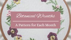 the words botanical wreaths written in pink and yellow on a white background with pansies