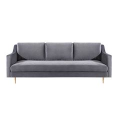 a gray couch with wooden legs on a white background