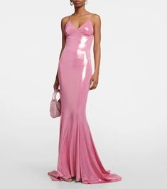 Featuring the label's signature fishtail hem, this gown from Norma Kamali is made from a shimmering metallic fabric and has a halterneck..Material: 95% polyester, 5% elastane.Care instructions: dry clean.Made in China.Designer color name: Candy Pink.True to size.Low back.Fitted.Mid-weight material.Stretchy fabric.The model seen in the picture is 178cm-5'10' and wearing a size XS Glamorous Bias Cut Maxi Dress For Prom, Metallic Fitted Gown For Party, Fitted Metallic Gown For Party, Party Satin Mermaid Dress With Fishtail, Metallic Fitted Maxi Evening Dress, Glamorous Fitted Shimmer Maxi Dress, Metallic Fitted Maxi Length Evening Dress, Glamorous Metallic Shimmer Maxi Dress, Glamorous Metallic Prom Gown