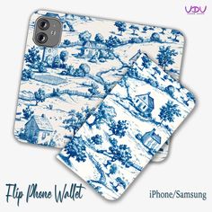 two iphone wallets with blue and white toiler designs on them, one for the