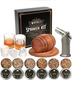 the whiskey smoker kit includes six different types of glasses and an assortment of ingredients