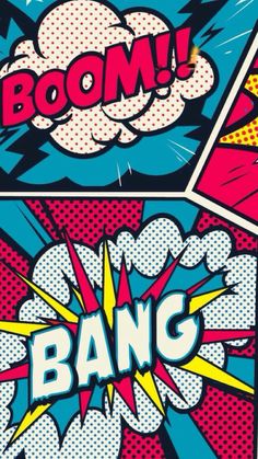 comic book covers with the words boom and bang written in bold colors, pop - art style