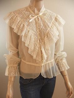 Victorian Inspired Ivory Chiffon & Ornamental Lace Ruffled Blouse Closer Up Front Vintage Blouse Pattern, Victorian Shirt, Victorian Blouse, Frilly Blouse, Woman Blouse, Ballerina Party, Victorian Costume, Romantic Fashion, Ruffled Blouse