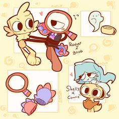 some cute little cartoon characters with different expressions on their faces and body parts, one is holding a magnifying glass while the other is looking at something