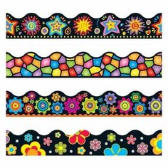 three colorful borders with flowers, stars and circles on black background stock photo - budget conscious