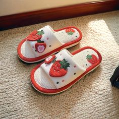 These slippers are the comfiest shoes you'll ever wear. Providing cushion and comfort for everyday wear!  ❤️Warm & Cozy: Perfect for wearing around the house or outside, great for unlimited use!    🍓Cute Strawberry Design: These shoes display strawberries that add a cute touch to any wear! 🍰Durable: Made with high quality, softest materials for everyday wear.  Nonslip, thick design allows you to wear these slippers outdoors as well! Feel free to message me on Etsy with any questions or concerns, I will answer as soon as I can! 🤍 Casual Non-slip Flat Slippers, Comfortable Non-slip Closed Toe Slides, Casual Indoor Slip-on Slides, Cute Non-slip Flip Flops With Round Toe, Casual Indoor Sandals With Round Toe, Comfortable Indoor Slides With Round Toe, Comfortable Non-slip Slides With Round Toe, Comfortable Round Toe Slides For Indoor Use, Non-slip Round Toe Platform Slippers For Leisure