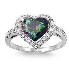 Sterling Silver Simulated Mystic Rainbow Topaz Heart Halo - SilverCloseOut - 1 Topaz Engagement Rings, Heart Halo Ring, Grey Jewelry, Heart Shaped Engagement Rings, Rainbow Topaz, German Silver Jewelry, Mystic Quartz, Silver Jewellery Indian, Diamond Heart Ring