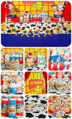 an assortment of birthday party items including cake, cupcakes and candy bar decorations