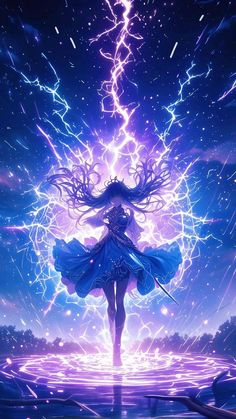 a woman standing in the middle of a body of water surrounded by lightning