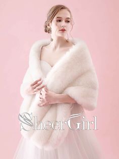 a woman in a white dress and fur stoler with the words sheer girl on it