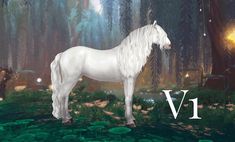 a white horse standing in the middle of a forest