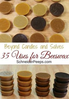 several different types of soaps on a wooden surface with text that reads beyond candles and salves 35 uses for beeswax