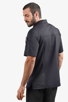 The CHEF 360 Men's Polo Stretch Chef Shirt with knit panels is a relaxed fit woven polo style. Its placket closure features matte black rubberized snaps. It has one front chest pocket with double pen pocket on wearers left sleeve for easy access. The back knit air mesh panels dyed to match body fabric allow for greater comfort and range of motion and side vents provide an easy movement. Fabric content is 360 stretch twill 55/42/3 cotton/polyester/spandex and 100% polyester mesh panels. • Relaxed Collared Outdoor Tops With Side Pockets, Collared Tops With Side Pockets For Outdoor, Relaxed Fit Functional Tops With Pockets, Black Short Sleeve Tops With Welt Pockets, Black Sports Top With Pockets, Black Collared Top With Side Pockets, Cook Wear, Chef Uniforms, Chef Shirt