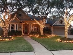 a house decorated with christmas lights and trees