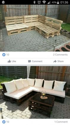 an outdoor couch made out of wooden pallets and some white pillows on top of it