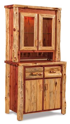 a wooden hutch with glass doors and drawers on the front, made out of logs