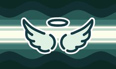 an angel wing with a halo above it on a green and blue background that has wavy lines