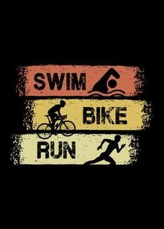 the words swim, bike, run are written in different colors and styles on a black background