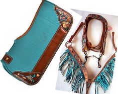 a turquoise and brown western style saddle with fringes on the sides, and an image of a cowgirl's hat