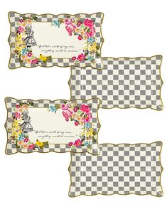 three decorative pillows with flowers and checkerboard pattern on the front, back and sides