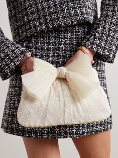 LOEFFLER RANDALL Rayne bow-embellished plissé-organza clutch | NET-A-PORTER Beige Feminine Evening Bag, Feminine Beige Evening Bag, Feminine Beige Evening Bag For Formal Occasions, Elegant Wedding Bags With Bow Detail, Elegant Wedding Bags With Bow, Chic Beige Evening Bag For Party, Chic Beige Evening Bag For Events, Chic Beige Evening Clutch, Beige Chic Evening Clutch