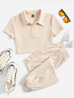 Apricot Casual Collar Short Sleeve  Plain  Embellished Slight Stretch  Women Clothing Preppy Mode, Fitness Wear Outfits, Preppy Style Summer, Estilo Preppy, Causual Outfits