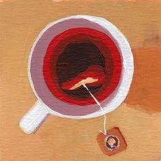 a painting of a cup of coffee with a spoon in it and a piece of chocolate on the side