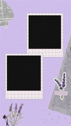 two pictures are placed next to each other on a purple background with flowers and papers