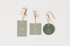 three tags hanging from twine on white background with green tag attached to each one