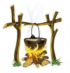 an image of a pot on fire cooking over the campfire with cross in background