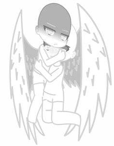 an anime character with wings on his head and eyes closed, hugging another person's face